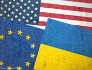 Grunge,Usa,Eu,And,Ukraine,Flags,Together,Isolated,On,Blurred