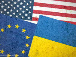 Grunge,Usa,Eu,And,Ukraine,Flags,Together,Isolated,On,Blurred
