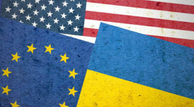 Grunge,Usa,Eu,And,Ukraine,Flags,Together,Isolated,On,Blurred